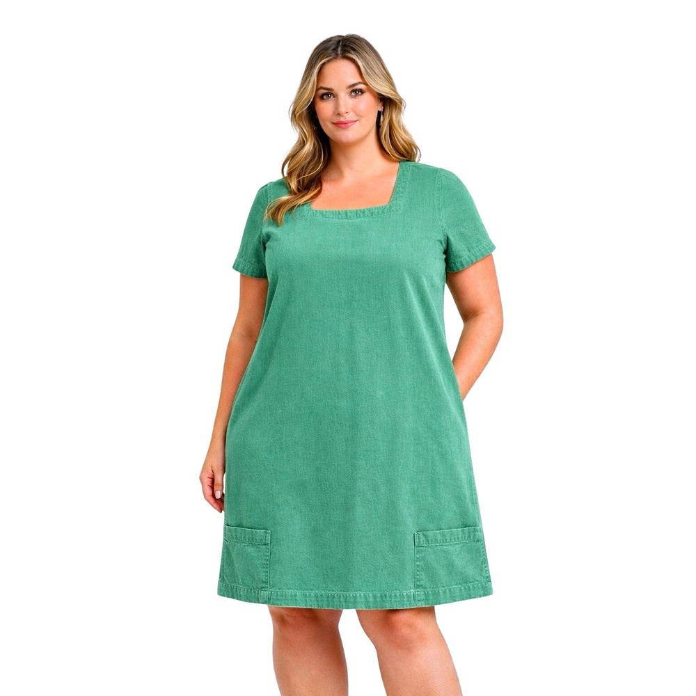 Orvis 100% Cotton Shift Dress Women's L Green Square Neck